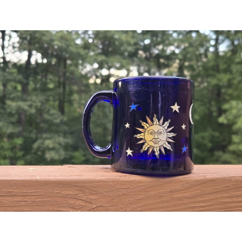 VTG Libbey Cobalt Blue Glass Celestial Mug Sun Moon Stars 90s Made In USA